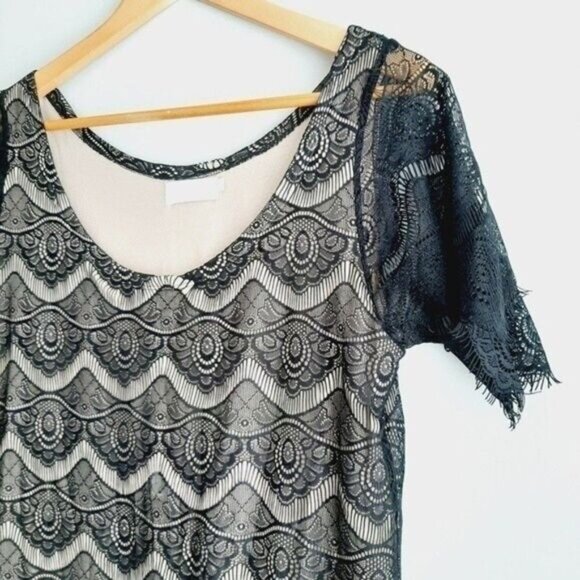 GOOD CLOTHING | Black Lace Nude Lining Scoop Neck Short Sleeve Dress Sz M - Picture 7 of 13